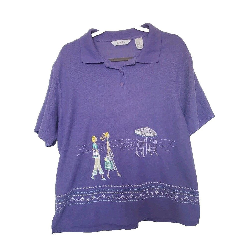 Vintage Tan Jay Purple Waffle Knit Polo Shirt Embroidered Beach Print Large
